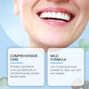 Close-up of a person smiling, showing bright white teeth, with text describing comprehensive care and mild formula.