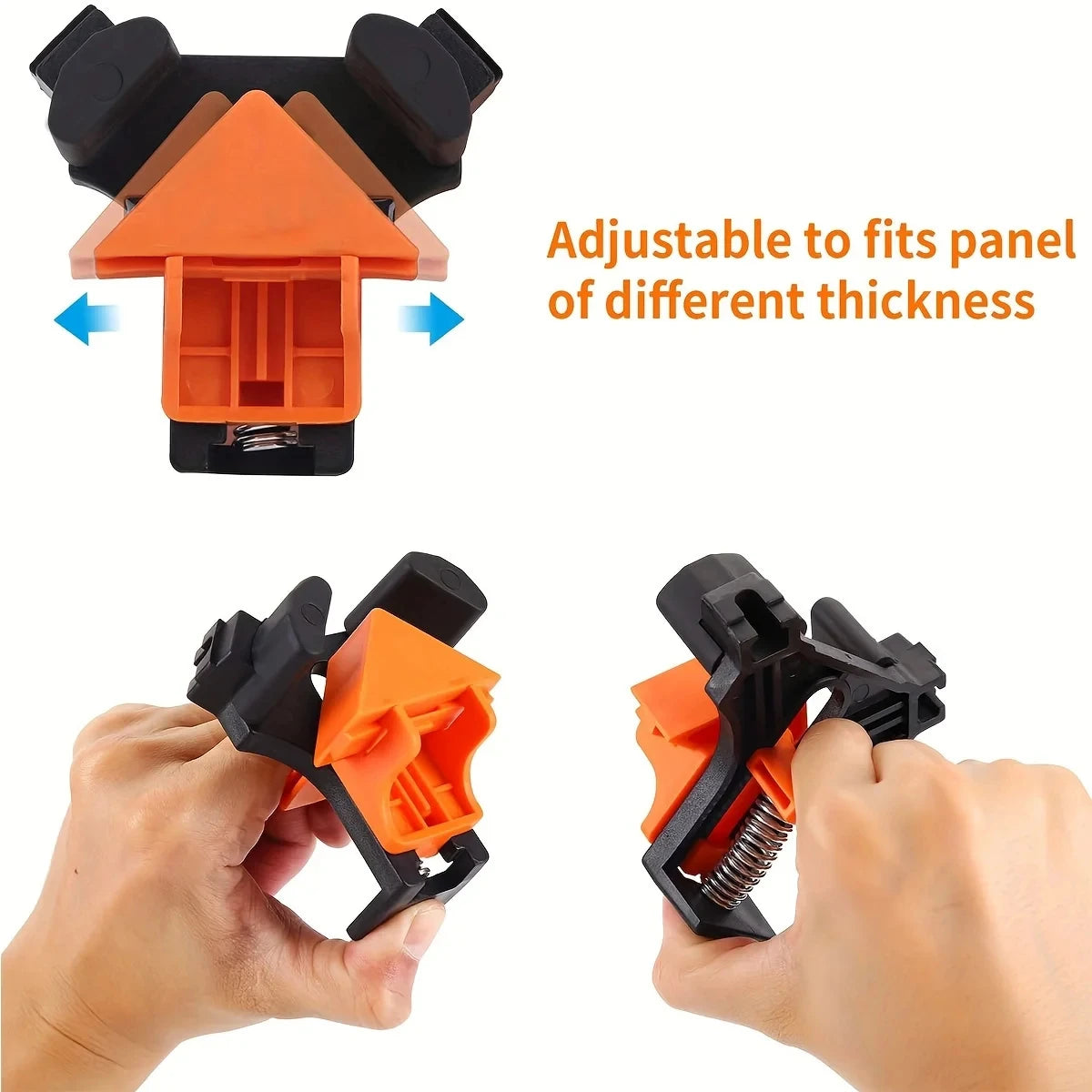 Orange and black adjustable right-angle clamps used for woodworking and DIY projects