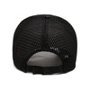 Black mesh baseball cap with an adjustable fit and a perforated texture.