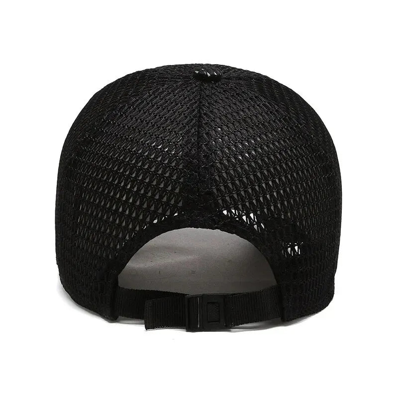Black mesh baseball cap with an adjustable fit and a perforated texture.