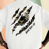 Back view of a white Tiger Claw graphic cotton t-shirt featuring a black silhouette of a tiger claw and the text Never Give U