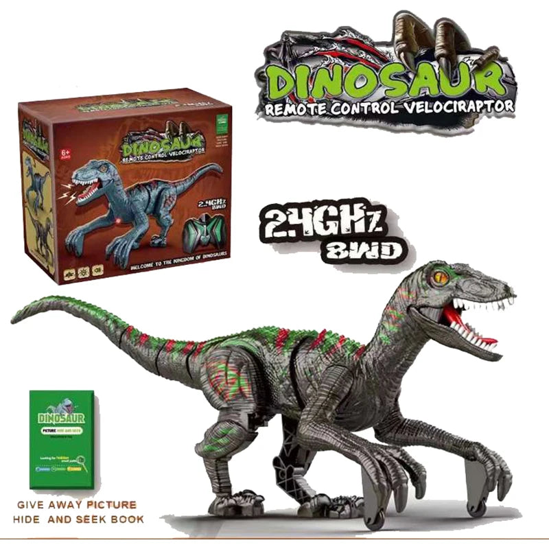 Fjernstyrt leketøydinosaur av Velociraptor med eske og montert modell.