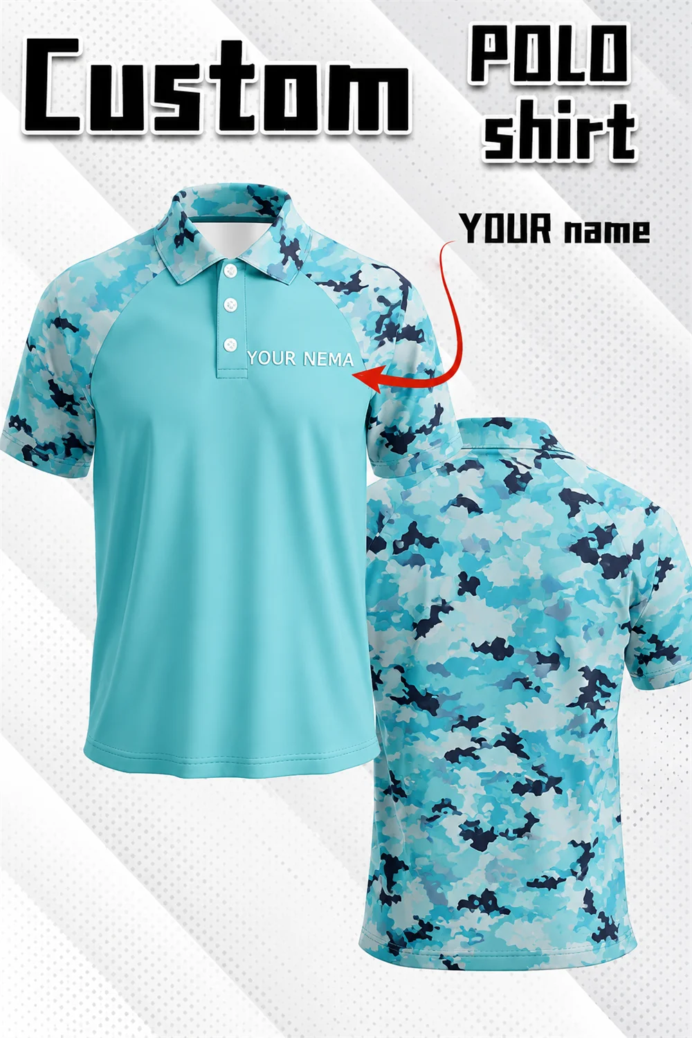 Helles blaues Camouflage-Poloshirt mit kontrastierendem Besatz, mit Optionen zur Personalisierung von Name und Kragen