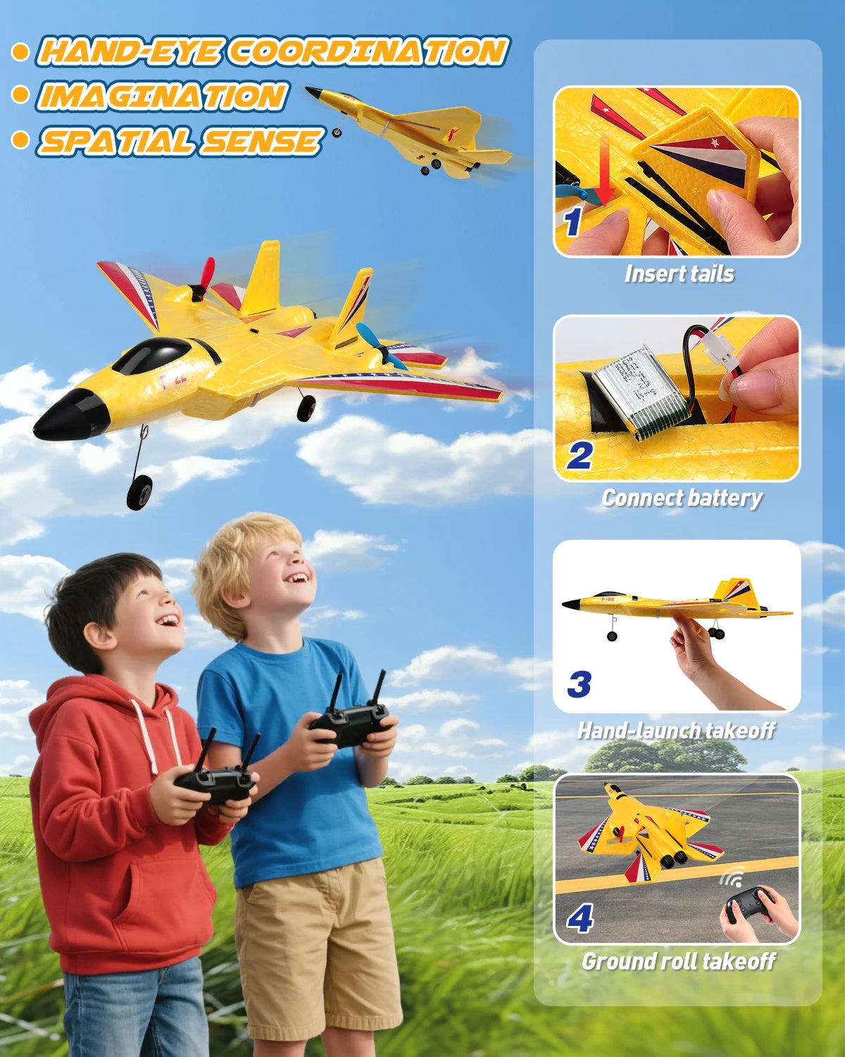 A boy is launching a yellow foam SU-27 airplane using a remote control in an outdoor field.