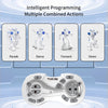 A white interactive RC robot with gesture control features is shown alongside options for Parade, Dance, Forward, and Demo ac