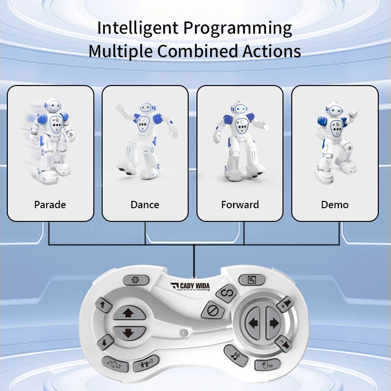 A white interactive RC robot with gesture control features is shown alongside options for Parade, Dance, Forward, and Demo ac