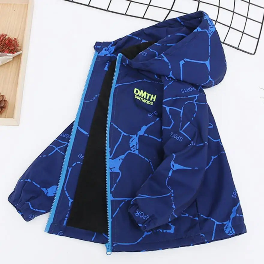A royal blue kids winter waterproof hooded jacket with a black lining and blue stitching is displayed against a white backgro