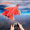 A red SU-27 foam RC plane is shown in flight against a blue sky and clouds, being controlled by hands.