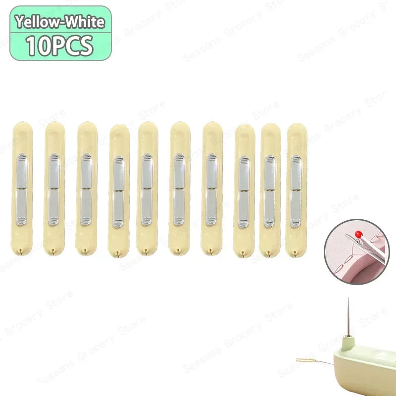 Yellow-white 10 pieces of a 2-in-1 needle threader and seam ripper set.