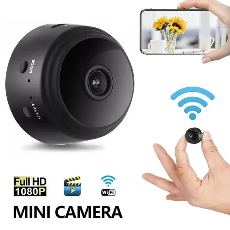 A black mini security camera is shown in various views, including a close-up and a hand holding the device.