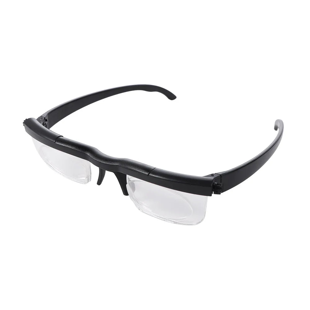 Black adjustable focus reading and distance glasses with clear lenses