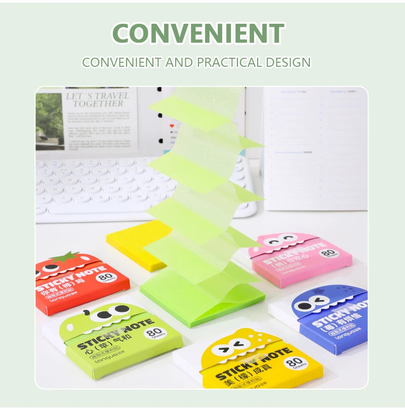 A collection of colorful pearlescent pull-type sticky notes in various shades like yellow, green, and pink are displayed on a