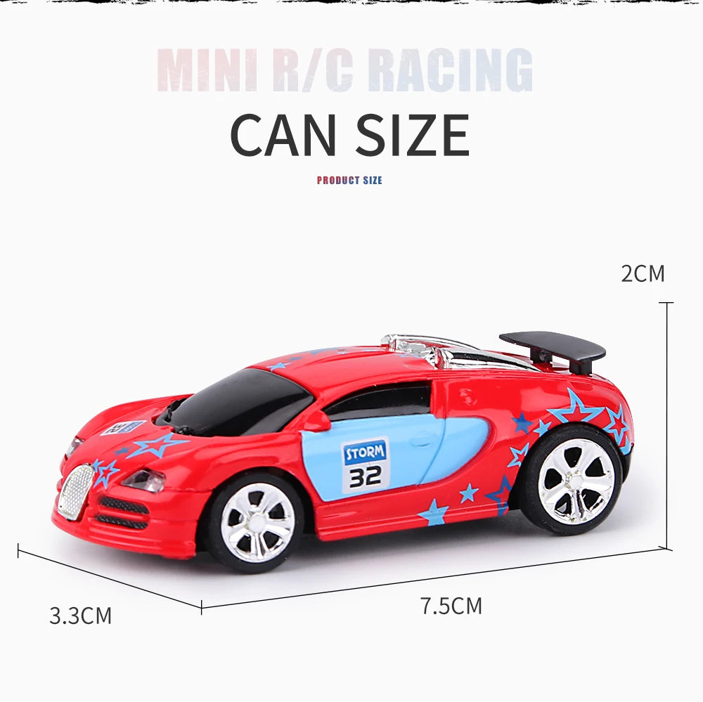 A red mini R/C racing car is shown with dimensions and a scale reference.