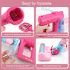 Pink kids interactive toy vacuum cleaner with lights and sounds showing various features like battery installation and multi-