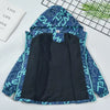 A dark blue and teal patterned kids' winter waterproof hooded jacket displayed on a white surface.