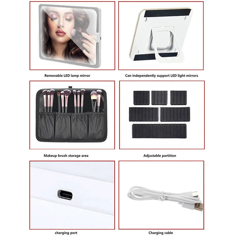 LED lighted makeup case with mirror featuring a PU leather travel cosmetic organizer and charging port.