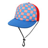 A blue baseball cap with a red brim and a fabric pattern of red, white, and blue stars on a blue background.