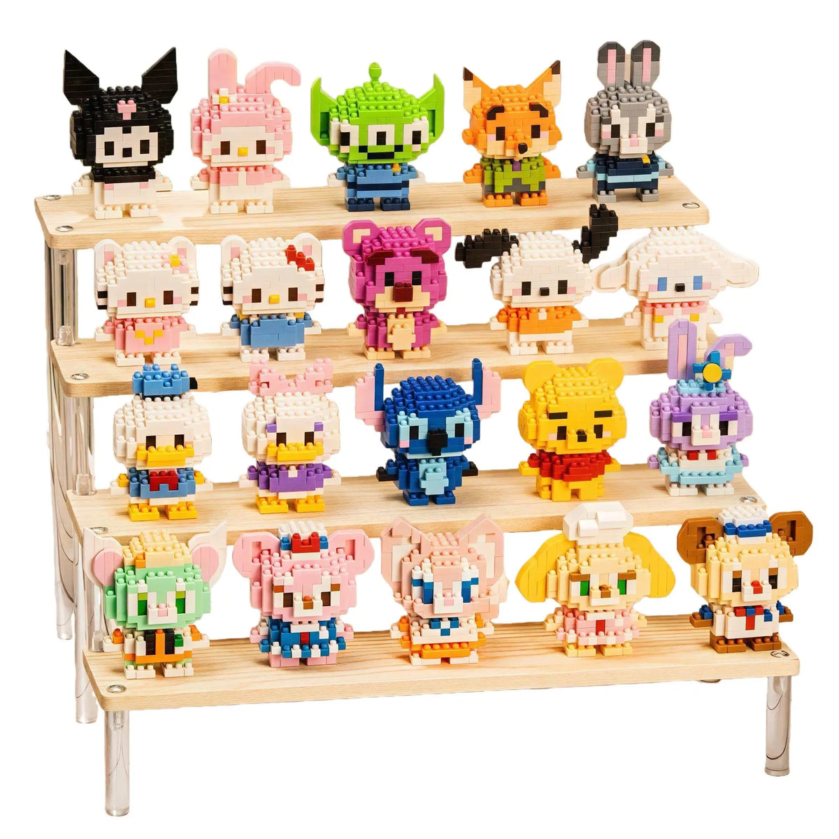 A wooden display rack holds various colorful animal figurine building blocks in different colors and styles.