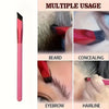 A pink angled eyebrow brush shown alongside usage examples for beard, concealing, eyebrow, and hairline application.