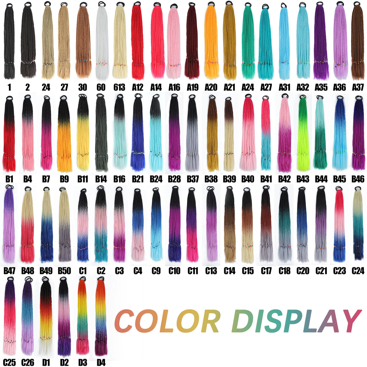 A display of various gradient pre-braided ponytail extensions in different colors and lengths.