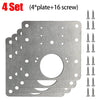 A set of four stainless steel cabinet door hinge repair plates and sixteen screws.