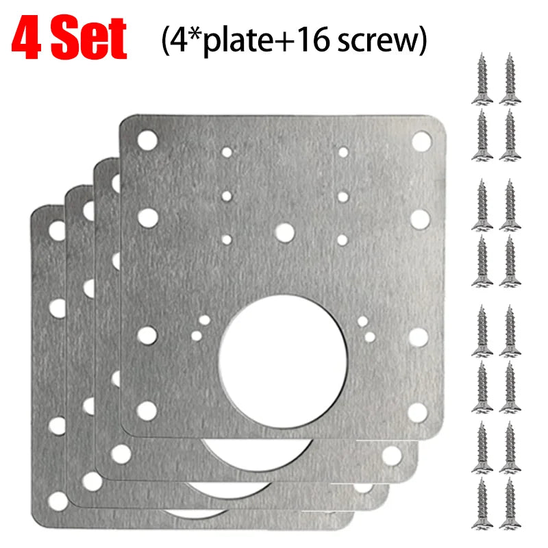 A set of four stainless steel cabinet door hinge repair plates and sixteen screws.