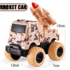 A military-themed pull-back stunt SUV toy car with large tires and a red cannon, shown from the side.