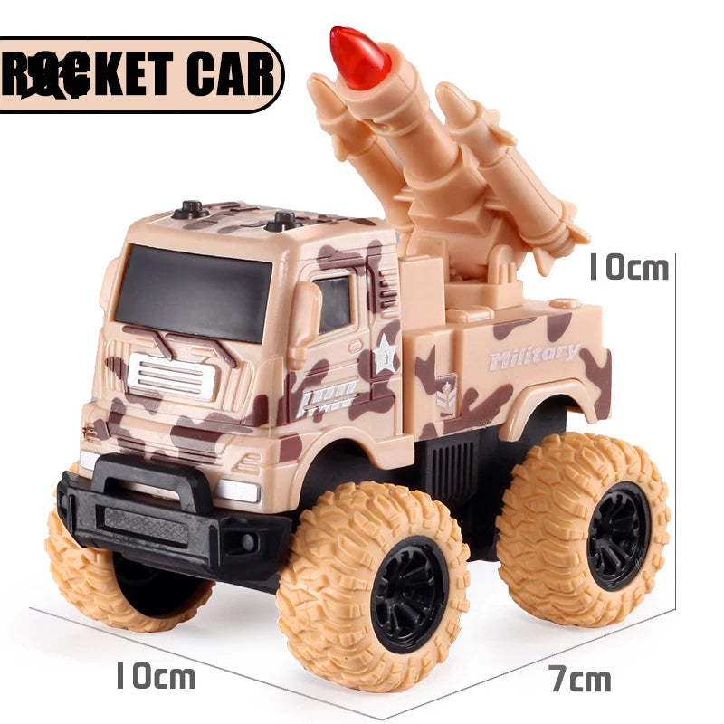 A military-themed pull-back stunt SUV toy car with large tires and a red cannon, shown from the side.
