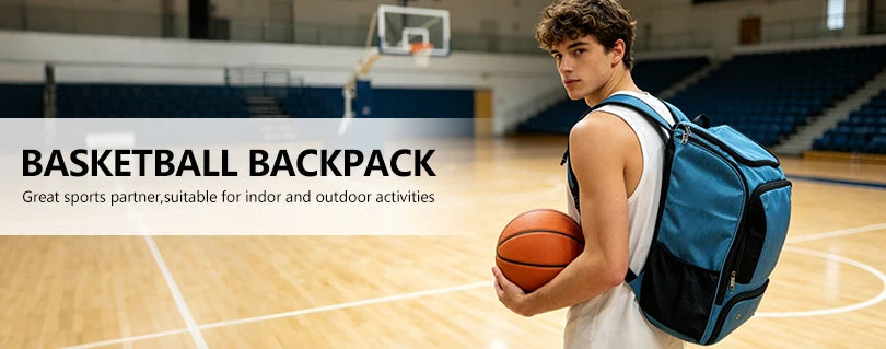 A young man wearing a white tank top and a blue backpack holds a basketball on a wooden court.