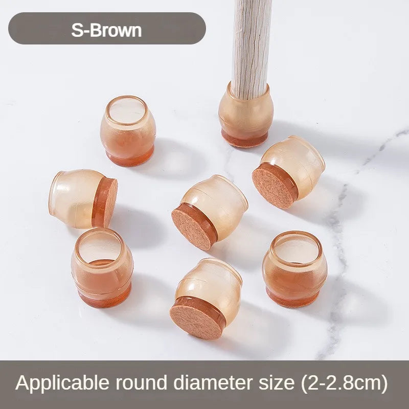 S-Brown silicone furniture leg pads with felt bottoms for scratch protection, shown in various sizes.