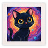 Gato negro bordado con grandes ojos amarillos sobre un fondo cósmico.