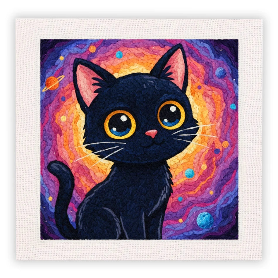Gato negro bordado con grandes ojos amarillos sobre un fondo cósmico.
