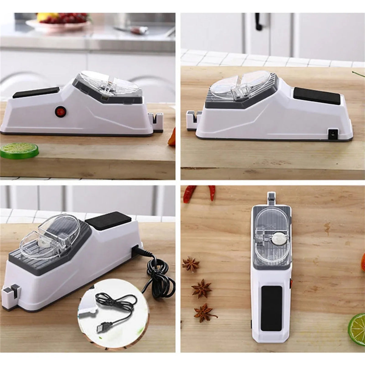 A white electric knife sharpener with a protective cover is shown in various angles on a wooden cutting board.