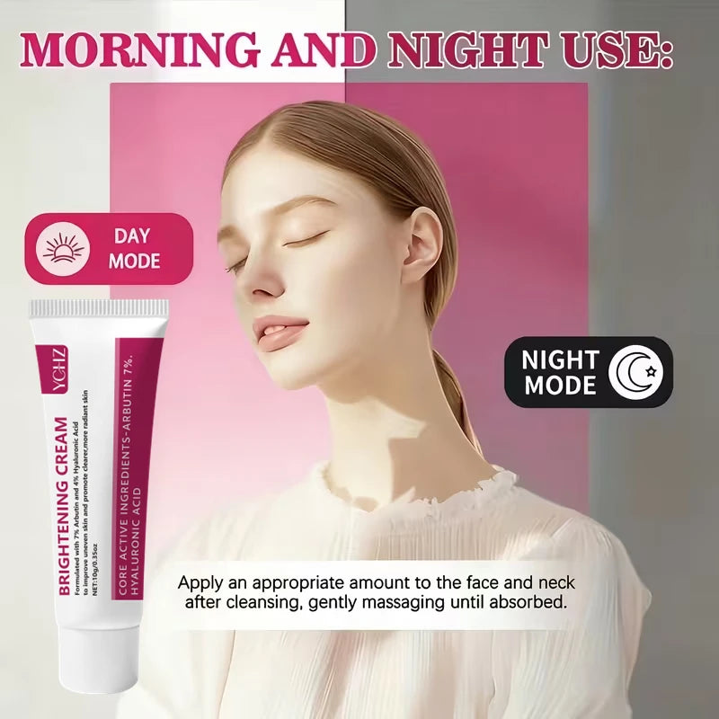 A woman applies Skin Brightening Cream with Arbutin, Hyaluronic Acid & Niacinamide for morning and night use.