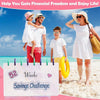 A family enjoying a beach day with a sign promoting a 52-week savings challenge for financial freedom.