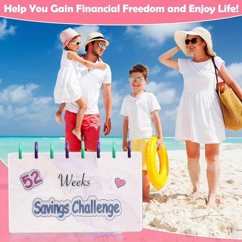 A family enjoying a beach day with a sign promoting a 52-week savings challenge for financial freedom.