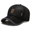 Black mesh baseball cap with a leather patch logo shown from above.