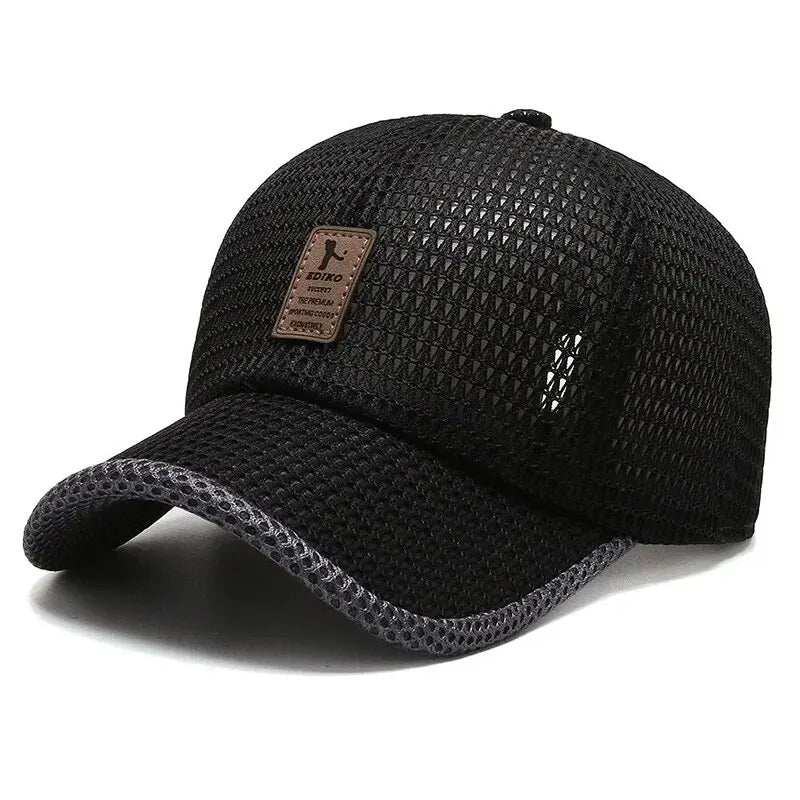 Black mesh baseball cap with a leather patch logo shown from above.