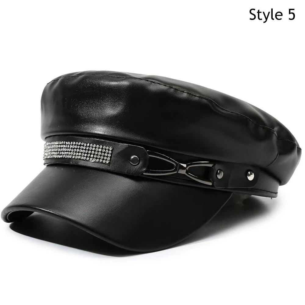 Black PU leather beret hat with a silver studded band and adjustable strap.