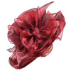 A deep red organza sun hat featuring a large, ruffled mesh bow detail.