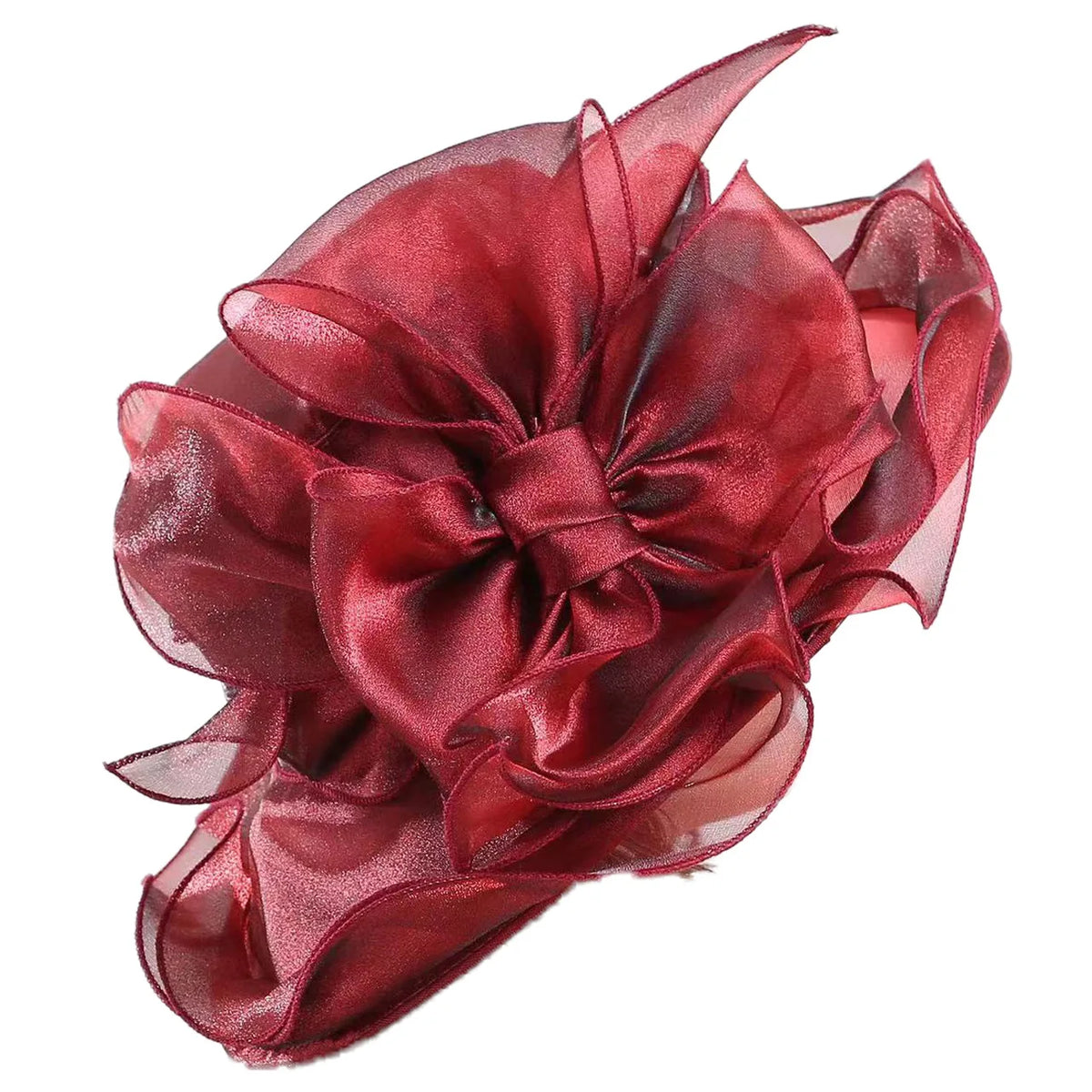 A deep red organza sun hat featuring a large, ruffled mesh bow detail.