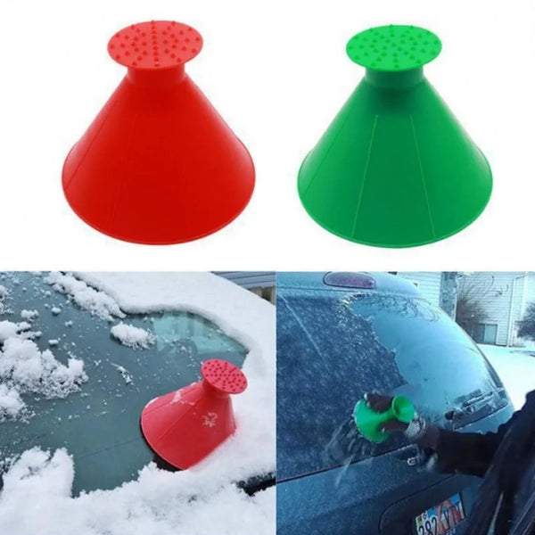 Red and green cone shape windshield ice scraper with funnel used for clearing snow from a car.