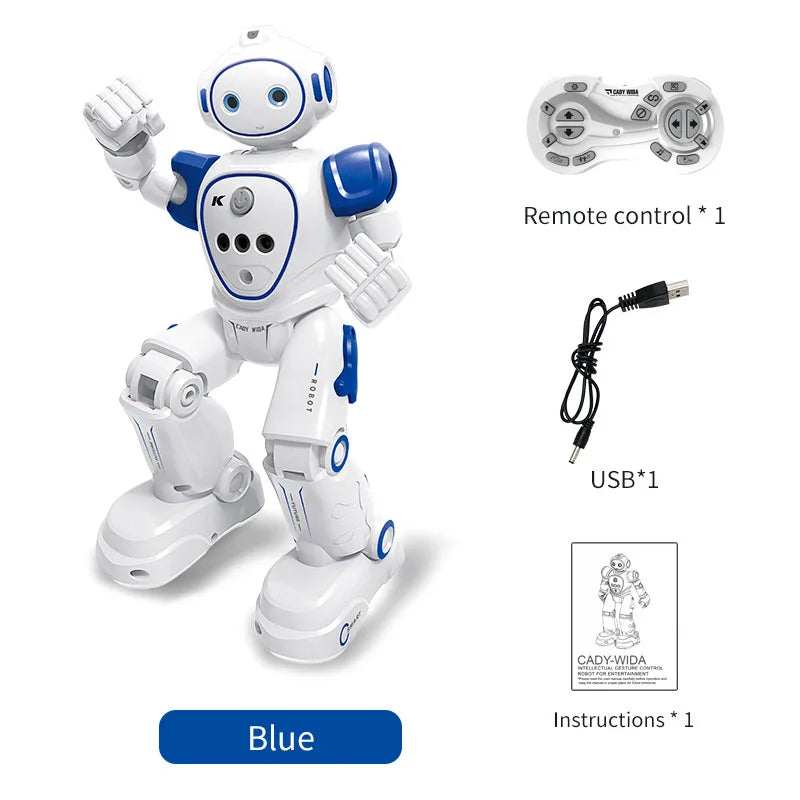 A white interactive RC robot with blue accents is shown alongside a remote control, USB cable, and instructions.