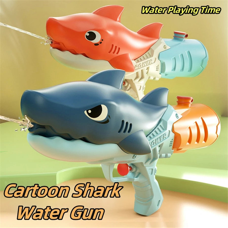 Cartoon shark water gun toy in blue and orange colors being used for water playing time