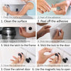 Step-by-step instructions showing how to clean, attach, and use magnetic cabinet safety locks with a key.