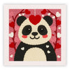 Kit de bordado de aguja mágica rosa con diseño de panda lindo y acentos rojos sobre tela texturizada.