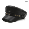 Black PU leather beret hat with a gold chain detail