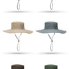 Four variations of a men's wide brim mesh bucket hat in different colors including navy, black, beige, and olive green.