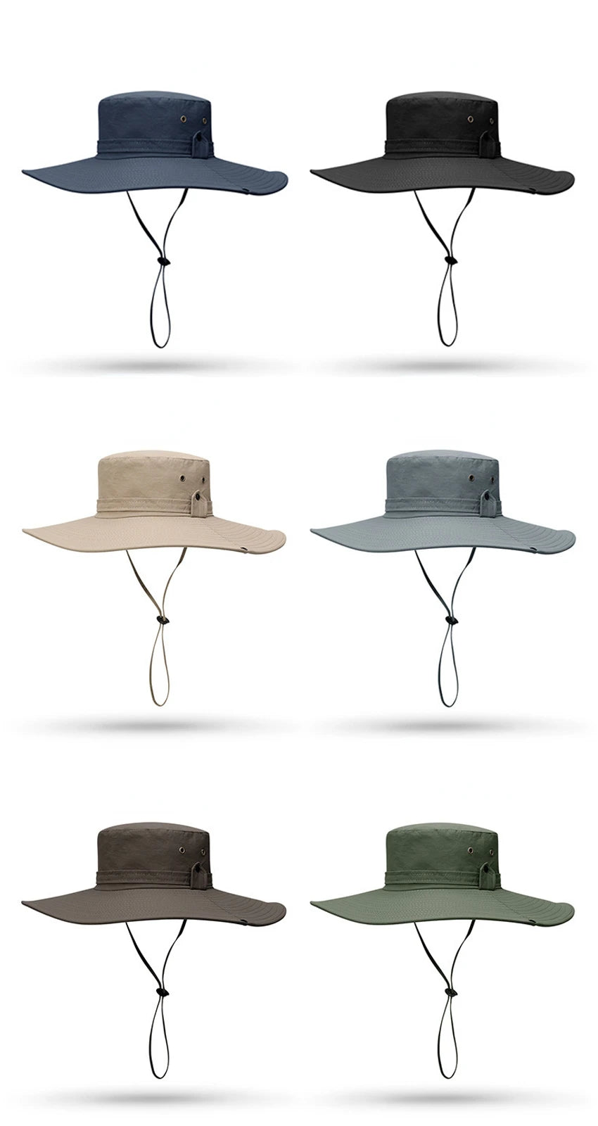 Four variations of a men's wide brim mesh bucket hat in different colors including navy, black, beige, and olive green.