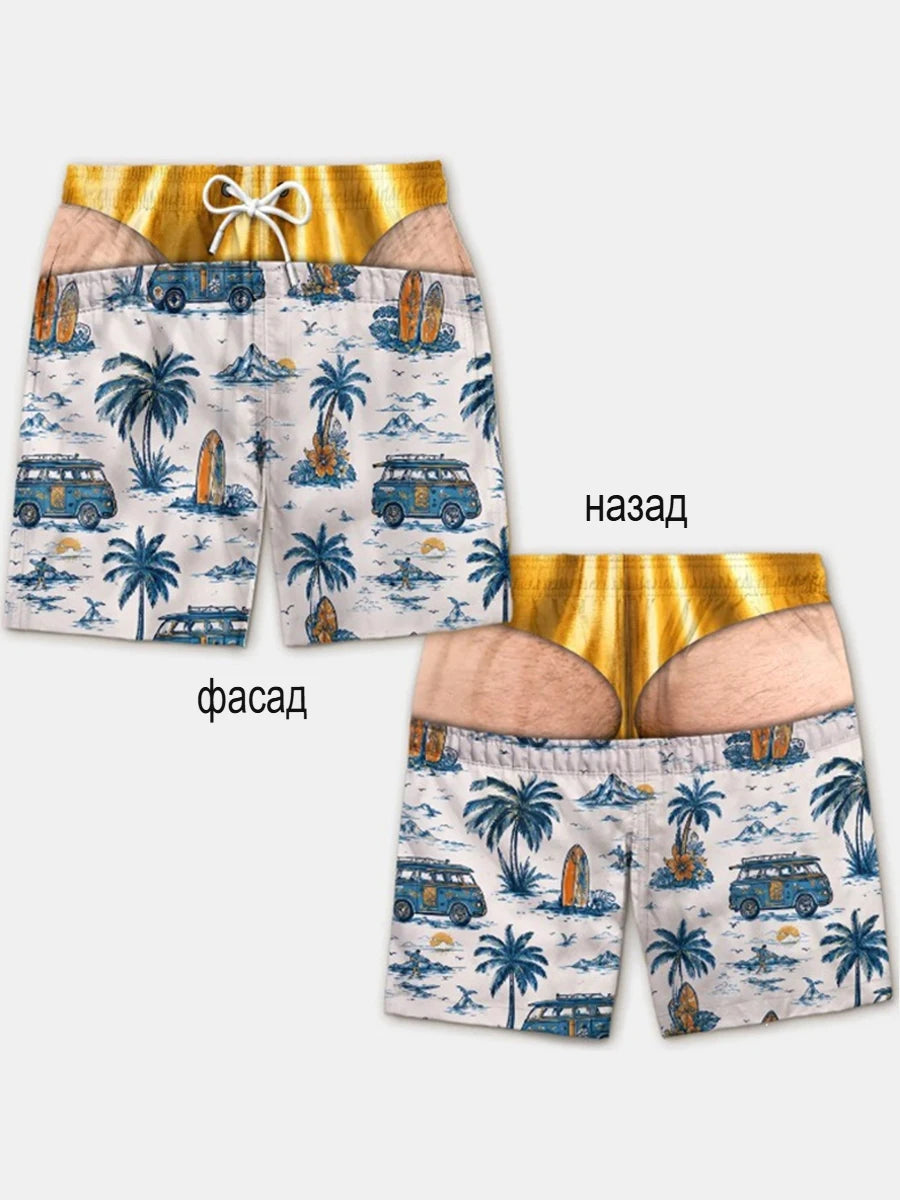 Men's quick-dry swim trunks featuring a patriotic American flag print with palm trees and vintage vehicles.